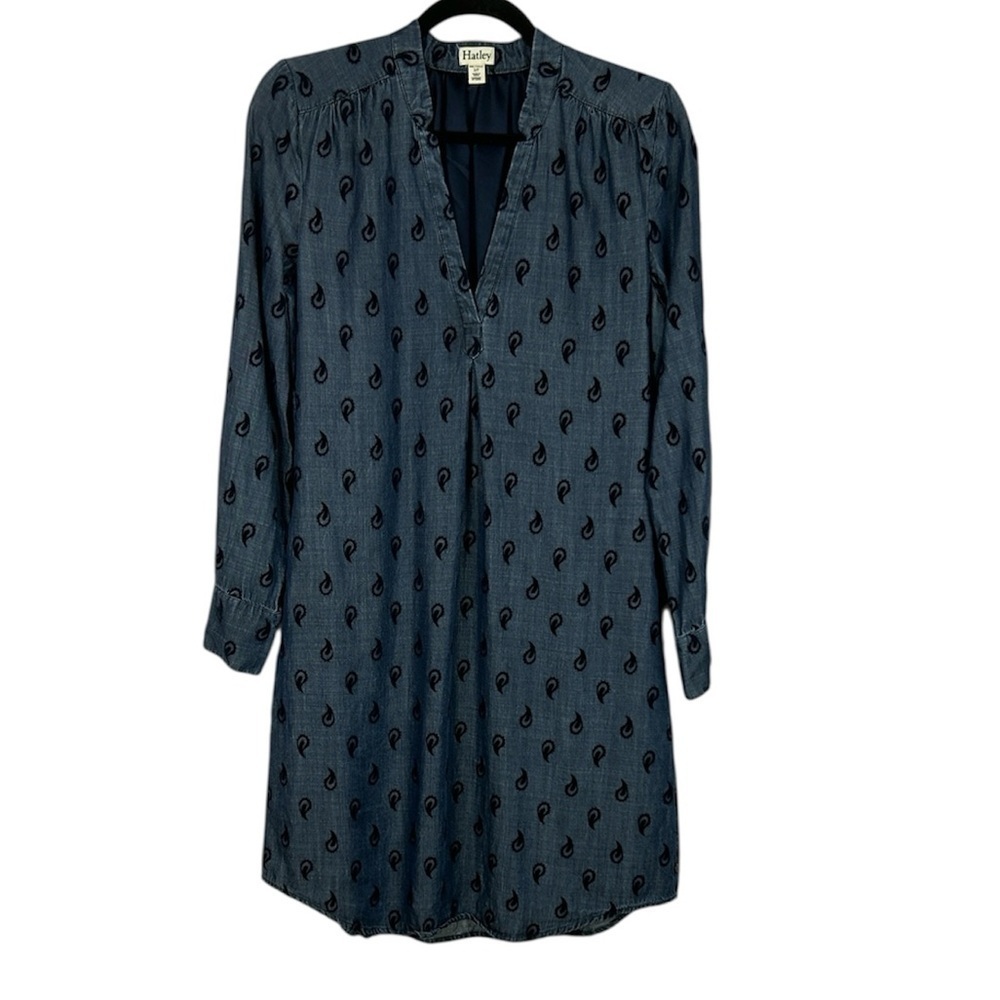 Hatley Paisley Chambray Boho Chic Long Roll Tab Sleeve V Neck Dress Small Blue